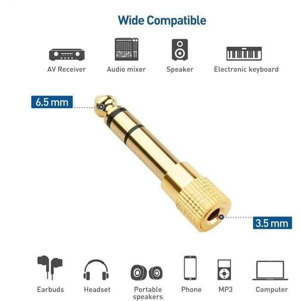 6,35 mm han til 3,5 mm hun jack-adapter, stereo lydadapter, til keyboard, digitalt klaver, 2-pak