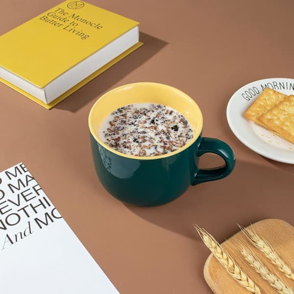 Stor keramisk kaffemugg, stor tekopp för kontor och hem, diskmaskins- och mikrovågssäker (mörkgrön)