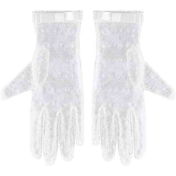 Hvite, korte hansker, blonder, kvinner, med sløyfe, strikket, klesplagg, egnet for karneval, fest, bryllup, etc.