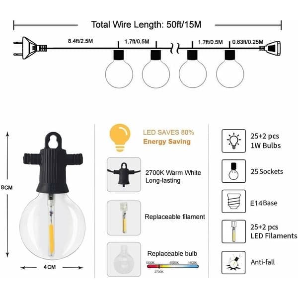 LED-strips til udendørs brug, 15M havelys IP65 vandtæt med 25+2 G40 pærer, udendørs og indendørs belysning til julebryllup, varm