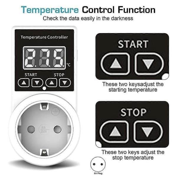 2-pakning termostatkontakter med sensor, digital temperaturkontrollkontakt, vanntett temperaturbryter EU-plugg hvit
