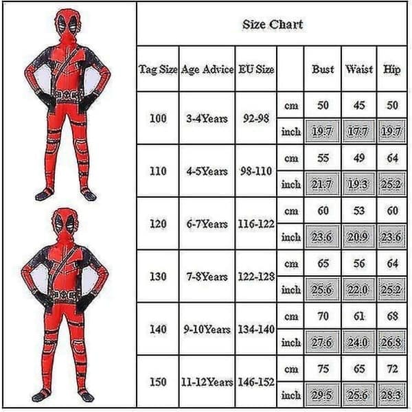 Populær Deadpool Superhelt Halloweenfest Cosplay Kostyme for Barn 120cm, 140cm 140cm