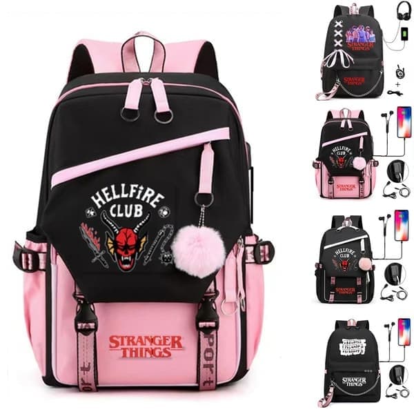 Stranger Things Hellfire Club Skolesekk USB Lade Ryggsekk Z, D D
