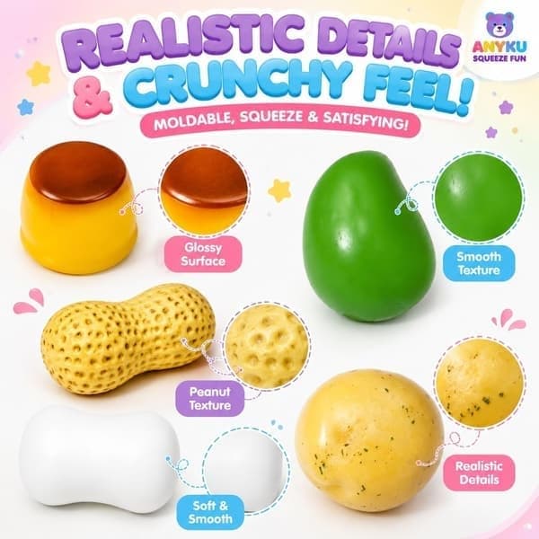 5-pack krispiga mat-squishy-leksaker, jordnöt, pudding, potatis, mango och tvål-pärlfyllda stressbollar, formbara ASMR klämleksaker
