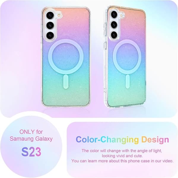 Glitterdeksel til Samsung Galaxy S23, kompatibel med MagSafe, klart søtt jentete iriserende regnbueglitrende magnetisk deksel, gradient Iridescent Glitter