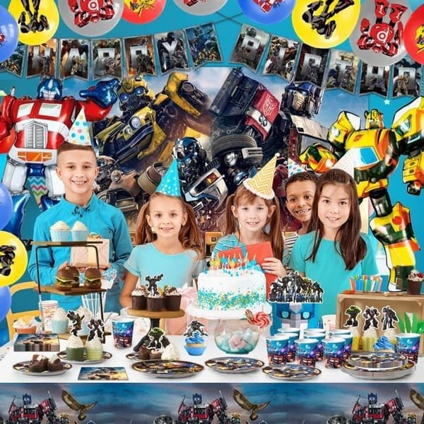 114-delers Transformers-leker, festutstyr, inkludert bannere, servietter, festballonger, osv.