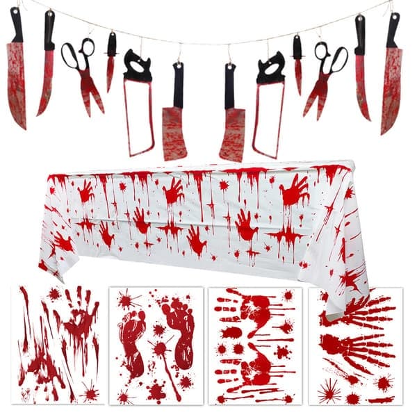 Halloween dekorasjonssett, blodig bakgrunn og girlanderbanner og fo