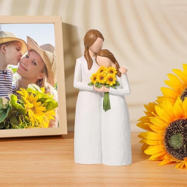 En solrosmamma- och dotterfigur, en handmålad present till mamma, till jul, tacksägelse och mors dag