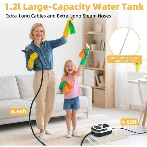 Damprenser til hjem og bil, 2500W, 3 justerbare effektniveauer, stor 1,2L tank