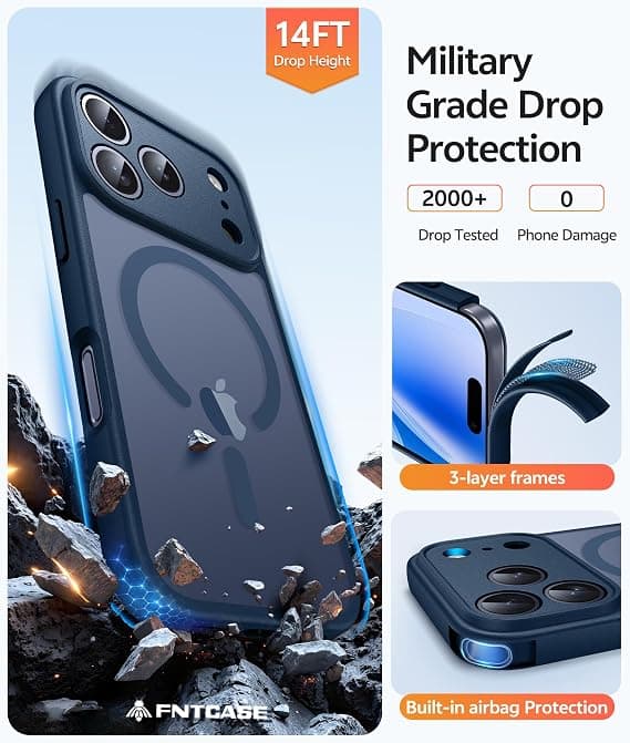 FNTCASE til iPhone 17 Pro Max-deksel med skjermbeskytter, kompatibel med MagSafe, gjennomskinnelig matt, full kamerabeskyttelse, støtsikker Blue
