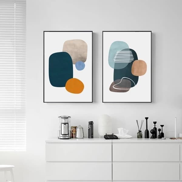 Tre innrammede dekorative veggmalerier, abstrakt og minimalistisk stil