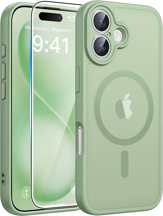FNTCASE til iPhone 16 Plus-deksel med skjermbeskytter, kompatibel med MagSafe, gjennomskinnelig matt, støtsikkert deksel i militær kvalitet, Light Moss Light Moss