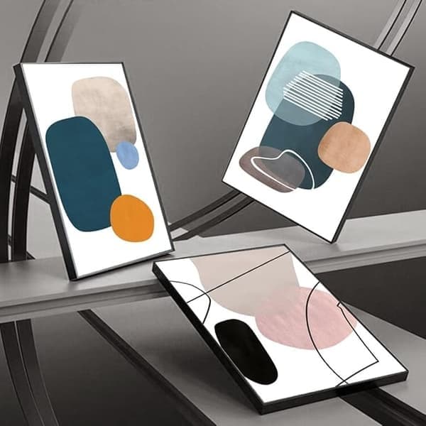 Tre Indrammede Dekorative Vægmalerier, Abstrakt og Minimalistisk Stil