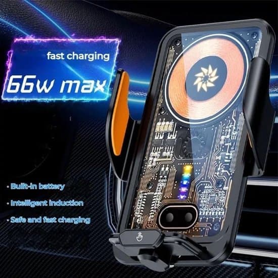 Trådløs biloplader og telefonholder, 66W hurtigopladende magnetisk autoinduktionsmontering, med magnetisk interface og silikonepude, sikkert greb
