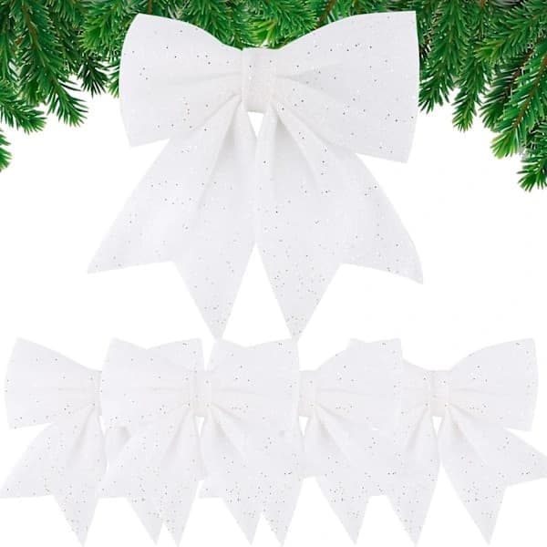 Stor vit glittrig julgransdekoration rosett, 5-pack julgransdekorationsrosetter