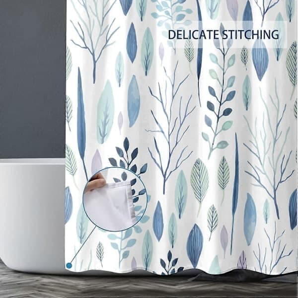 Ekstra lang lyseblå dusjforheng med blader 80 x 180 cm, vanntett stoff, botanisk plantemønster