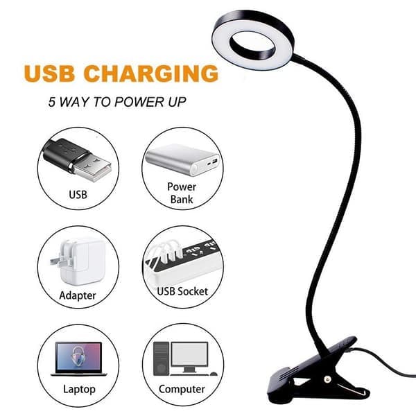 48 LED skrivebordsklemme-lampe, 360° fleksibel lampe med klemme for lesing, 3 lysmoduser