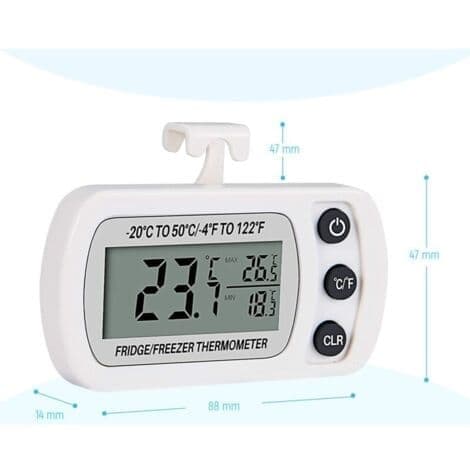 Vanntett digitalt kjøleskap-/frysetermometer, -20°C til 50°C (-4°F til 122°F) med stor LCD-skjerm