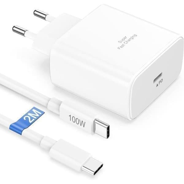 45W hurtig USB-C-oplader med 2 m opladerkabel til Samsung Galaxy S24, S23, S25 Ultra, S26, S22, S21, S20 FE, kabel USB-C Type-C 2 M, hvid Cable USB-C Type-C 2 m Blanc