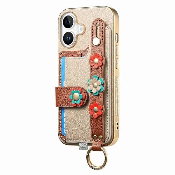 iPhone 16 Plus telefoncover, med SIM-kortplads, læderbagside og 3D blomsterarmbånd, Khaki