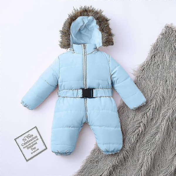Unisex baby jumpsuit med hette for gutter og jenter i alderen 0-24 måneder, romper med pelskrage 65cm Light Blue