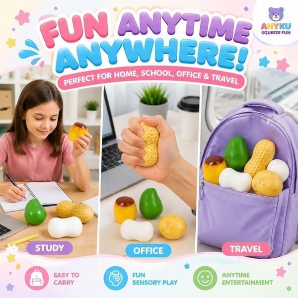 5-pack krispiga mat-squishy-leksaker, jordnöt, pudding, potatis, mango och tvål-pärlfyllda stressbollar, formbara ASMR klämleksaker