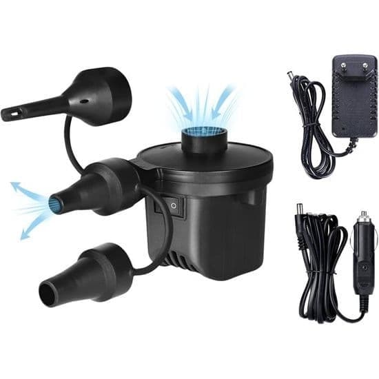 Elektrisk Luftpump för Pooler. Bärbar Madrasspump. Pump med 3 Munstycken. 110V-240V AC / 12V DC
