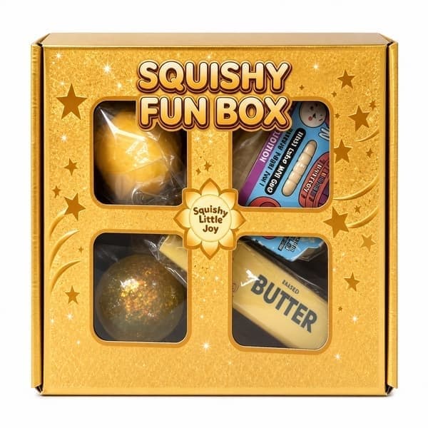 4-delad gyllene Squishy Fun Box, blandad matglitter och dumpling sensoriska stressavlastningsleksaker i presentförpackning