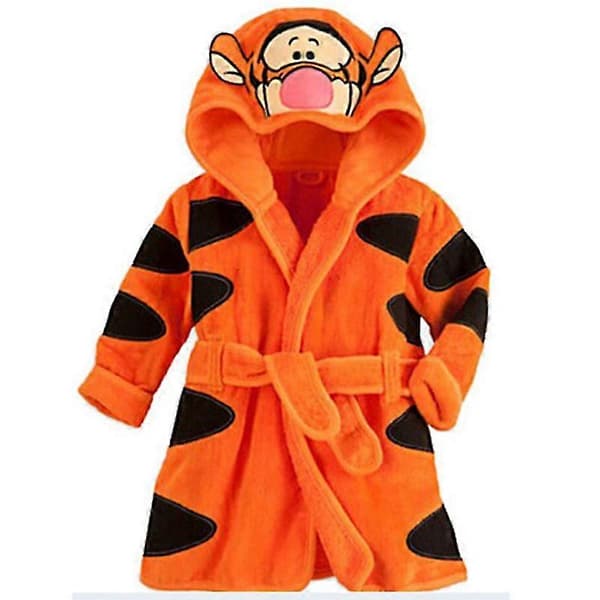 Fleece Morgenkåpe med Hette til Barn Varm Badekåpe Slåbrok Nattøy Yellow Tiger 5-6 Years