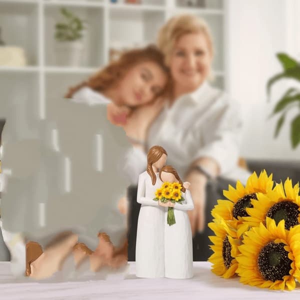 En solrosmamma- och dotterfigur, en handmålad present till mamma, till jul, tacksägelse och mors dag
