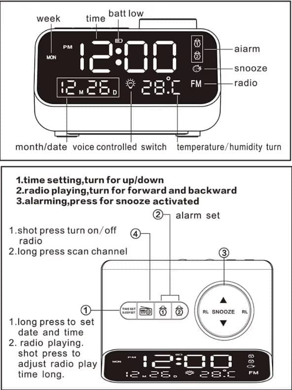 FM-radio med väckarklocka, temperatur- och luftfuktighetsdisplay, LED digital timer, USB, snooze-funktion