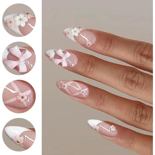 24 stk. korte mandelformede franske manicure kunstige negle til at lime på