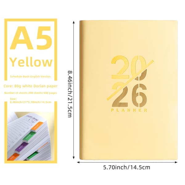 A5 Planlegger, 2026 Kalender, Engelsk Planlegger, 156 Sider, Én Side Per Dag, Gullfolieomslag (Gul) Gul yellow