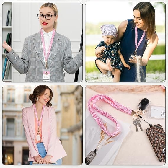 Scrunchie-nøglesnor til ID-kort, udtrækkelig elastisk hårbåndsnøglering med klar ID-holder, sød mode-lærernøglesnor til kvinder, pink Pink