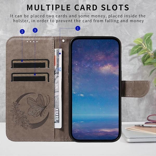 Kompatibel med iPhone 17 Cover Sommerfuglemønster PU Læder Folio Flip Telefoncover-lingling, Grå Grey Grey
