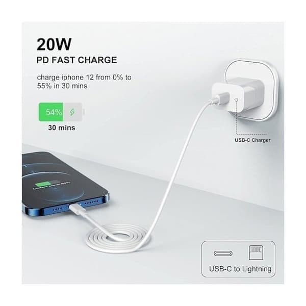 2-pakning, iPhone-lader, hurtiglader, adapter + kabel 20W hvit One Size iPhone 2-pakning