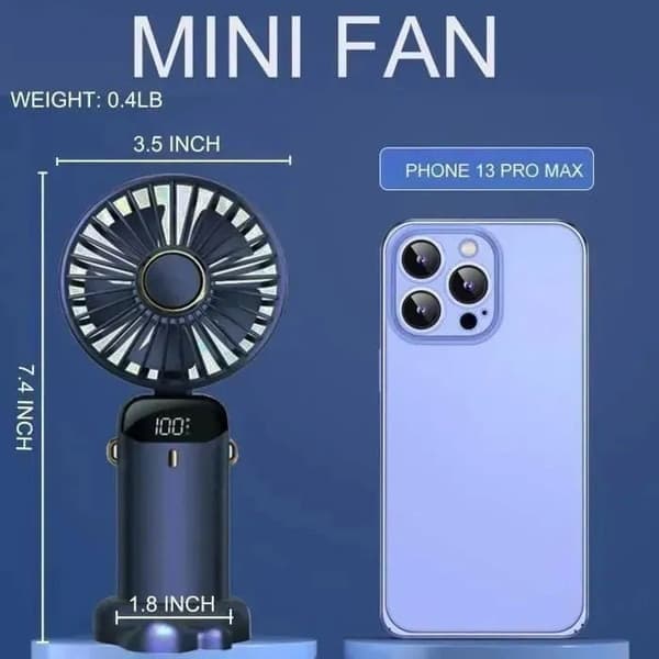 Mini bærbar vifte, CZYDDD, 5 hastigheter, USB oppladbar, 6500 mAh, sammenleggbar, blå