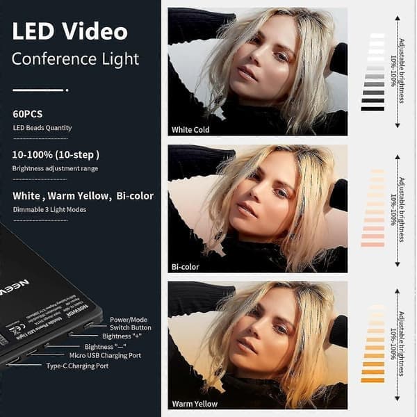 NEEWER Selfie-lys med front- og baktelefonklips, høyeffektiv 60 LED 2000mAh oppladbar CRI 95+, 3 lysmoduser
