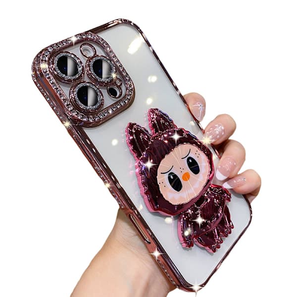 Monster Plated Mirror Stand Telefondeksel for iPhone 14 Pro, Glitter Diamond Lens Frame, Skjult Speildesign, Rosa, 2025 Edition iPhone14pro T7
