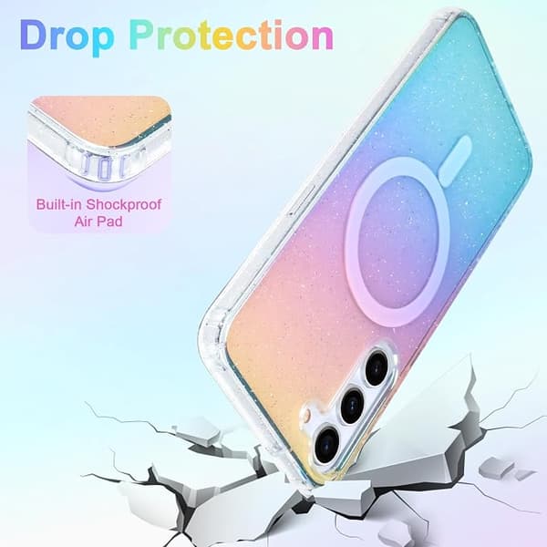 Glitterdeksel til Samsung Galaxy S23, kompatibel med MagSafe, klart søtt jentete iriserende regnbueglitrende magnetisk deksel, gradient Iridescent Glitter