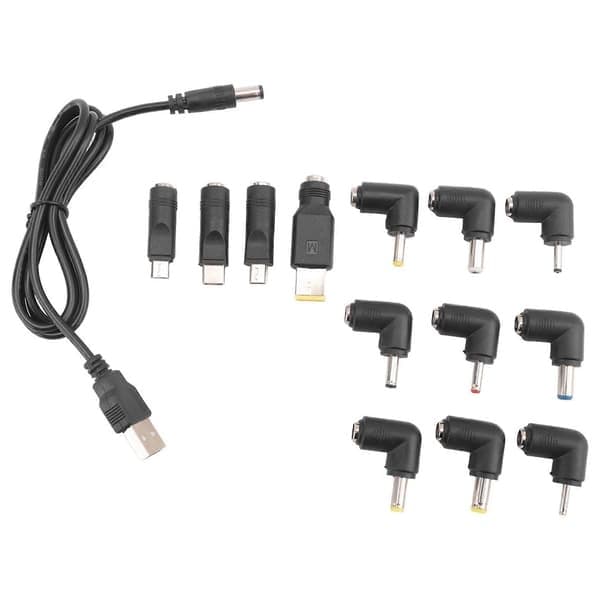 USB til DC strømkabel Universal USB til DC ladekabel Strømkabel med 13 utskiftbare pluggkontakter Adapter Svart