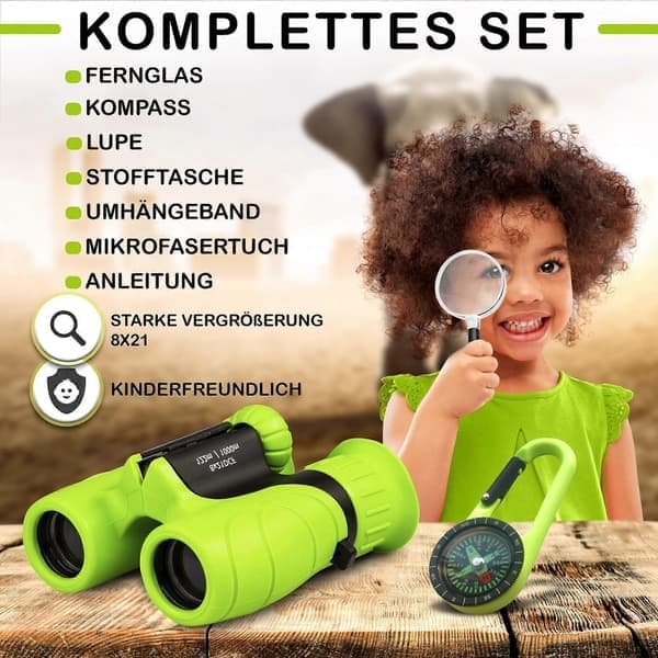 Børnekikkert med høj forstørrelse (8 X 21), komplet sæt med forstørrelsesglas og kompas