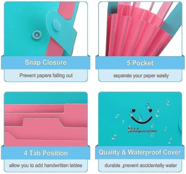 5-pack expanderande mappmappar, dragspelsdokumentorganisatör, A4-papper, plastmapp, 5 fickor, expanderbara mappfickor för skolan