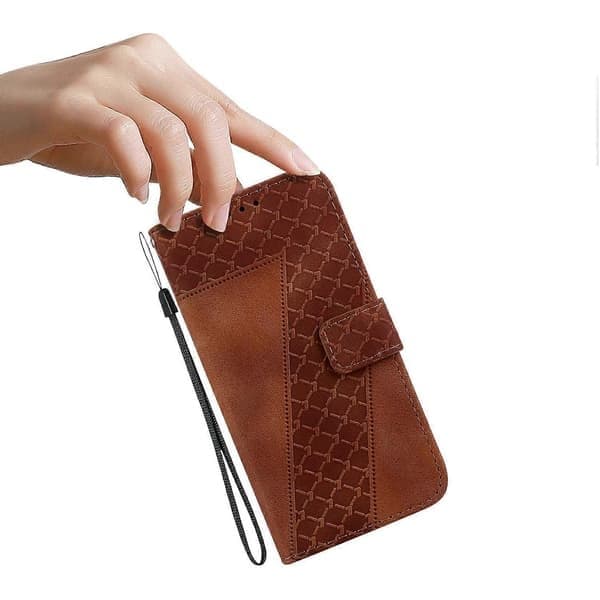 Telefondeksel til iPhone 17 stativ, 7-formet mønstret skinn med stropp-lingling, brun Brown Brown