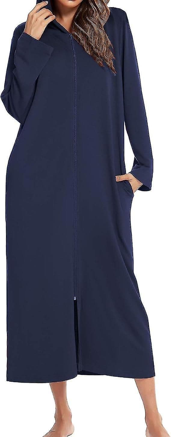 Lang badekåpe for kvinner med hette, glidelås, full lengde, ensfarget marineblå L Navy blue L