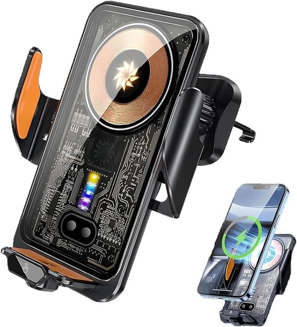 Trådløs biloplader og telefonholder, 66W hurtigopladende magnetisk autoinduktionsmontering, med magnetisk interface og silikonepude, sikkert greb