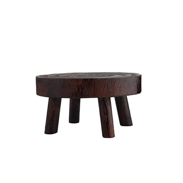 Mini rund dekorativ träpall, trädgårdspall i trä med ben, inomhus växtställ, 14 x 9 cm