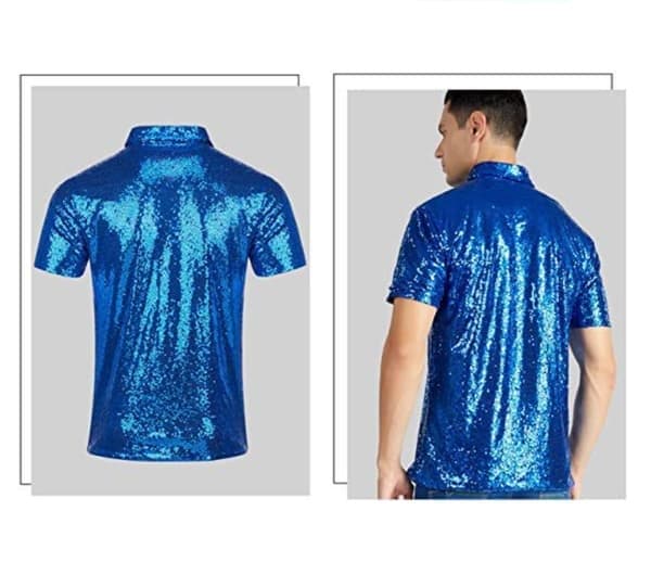 Mr. Glitter Paljett Kortermet Drop Collar T-skjorte Blå-XF16- Blå 2XL