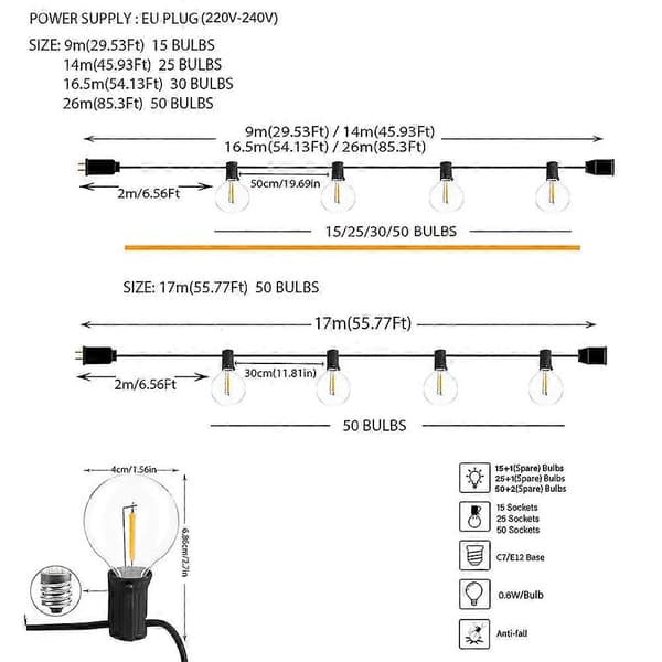 Dæmpbare LED G40 udendørs lyskæder til terrasse, have, fest, bryllup, 9M 15 Bulb EU plug 220V