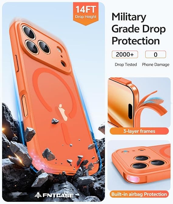 FNTCASE til iPhone 17 Pro Max-deksel med skjermbeskytter, kompatibel med MagSafe, gjennomskinnelig matt, full kamerabeskyttelse, støtsikker Orange